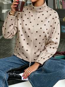 Women's Polka Dot Knit Jacket, Long Sleeve Stand Collar Double Zipper Regular Length, Suitable For Autumn/Winter Wardrobe - Multicolor - View 4