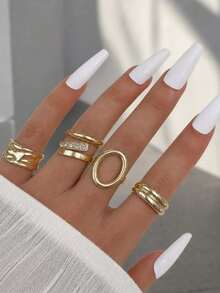 5Pcs Vibe Commute‑Style Alloy Gold‑Plated Smooth Hollow Rhinestone Mixed Ring Set For Women, Vacation Shooting Gift Accessories - Gold 6 - View 5