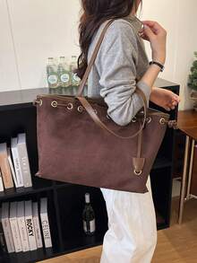 1件女款秋冬新款大容量拼色單肩托特包，時尚通勤包，適合辦公室、學校、休閒穿搭 - 咖啡棕 - 查看 5