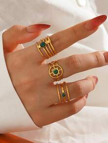 3pcs/Set Stainless Steel 18K Gold Plated Fashion Green Malachite Sun Ring Set Suitable For Women Daily And Holiday Wear - Multicolor - View 6