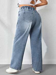 Plus Size Women's Wide Leg Straight Denim Jeans, Solid Color Washed Denim, Plus Size Wide Leg Straight Jeans, Holiday Daily All Seasons - Light Color - View 5