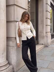 Women's Elegant Round Neck Gold Button Ribbed Knit Cardigan, Slim Fit Open Front Long Sleeve Social Blouse, Office Commute Vacation Outing Top - Apricot - View 3