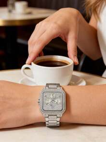 GUESS Luxury GW0472L2 Chronograph Watch, Square Mother-Of-Pearl Subdial Rhinestone Decor Gold Metal Band Women Wristwatch - Gold - View 8