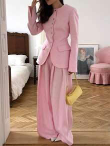Casual Elegant Women's Pink Non-Stretch Button-Front Cardigan And Matching Wide-Leg Pants 2 Pieces Set - Pink - View 3