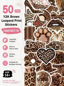 50 st Y2K bruna leopardmönstrade klistermärken, lämpliga för vuxna och tonåringar som gillar klistermärken, för scrapbooking, journalföring, laptop, skateboard och mer, addera kul till dina enheter! - Y2K brunt leopardmönster - Visa 1