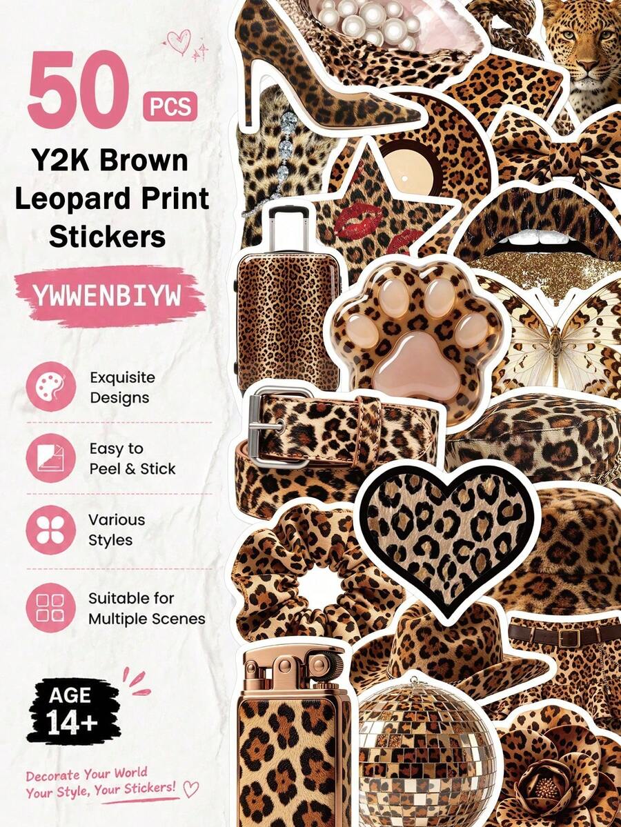 50 st Y2K bruna leopardmönstrade klistermärken, lämpliga för vuxna och tonåringar som gillar klistermärken, för scrapbooking, journalföring, laptop, skateboard och mer, addera kul till dina enheter! - Y2K brunt leopardmönster - Visa 1