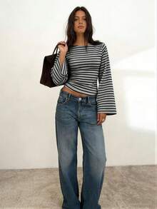 Striped Colorblock Ribbed Long Sleeve T-Shirt For Women, Casual Home Wear - Grey-black - View 6