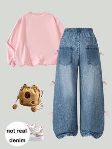 Girls' Casual Fashion Solid Color Bow Ribbon Design Round Neck Drop Shoulder Long Sleeve Top And Straight Leg Pants 2-Piece Set, Spring/Autumn - Pink - View 3