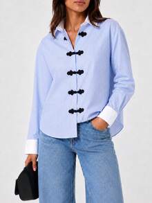 Women's Fashion Casual Frog Button Lapel Long Sleeve Striped Shirt, Striped Front Button-Down, Commute Daily Date - Blue and White Stripes - View 6