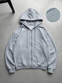 Heavy Rivet Decor Light Gray Hooded Zip-Up Loose Fit Streetwear Casual Versatile Cardigan Jacket Top - Light Grey - View 1