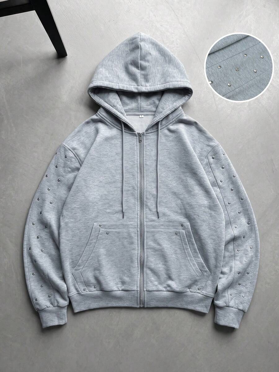 Heavy Rivet Decor Light Gray Hooded Zip-Up Loose Fit Streetwear Casual Versatile Cardigan Jacket Top - Light Grey - View 1