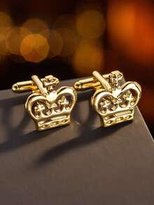 1 Pair Elegant Hollow Crown Design Men's Cufflinks, Luxury Business Suit Accessory, French Shirt Cufflinks - Yellow Gold - View 1