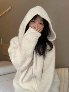 Women's Lambswool Hooded Zip-Up Cardigan Sweater, Loose Fit Knit Jacket For Autumn/Winter - Apricot Color - View 4
