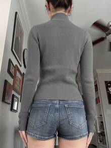 Vintage Fashion Stand Collar Multi-Button Decorated Zipper Ribbed Knit Women's Cardigan, Slim Fit Cropped Waist Long Sleeve, Fall Outfit For Women - Grey - View 3