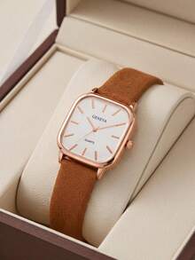 Women's Minimalist Square Quartz Watch Brown Leather Strap Rose Gold Wristwatch Jewelry Gift For Her Christmas Birthday - Brown - View 8
