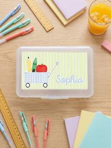 1pc Custom Text Transparent Pencil Box, Personalized Stationery Organizer, Cute Gingham Striped Pattern Hard Plastic Pencil Case, Back To School Supplies - Multicolor - View 10