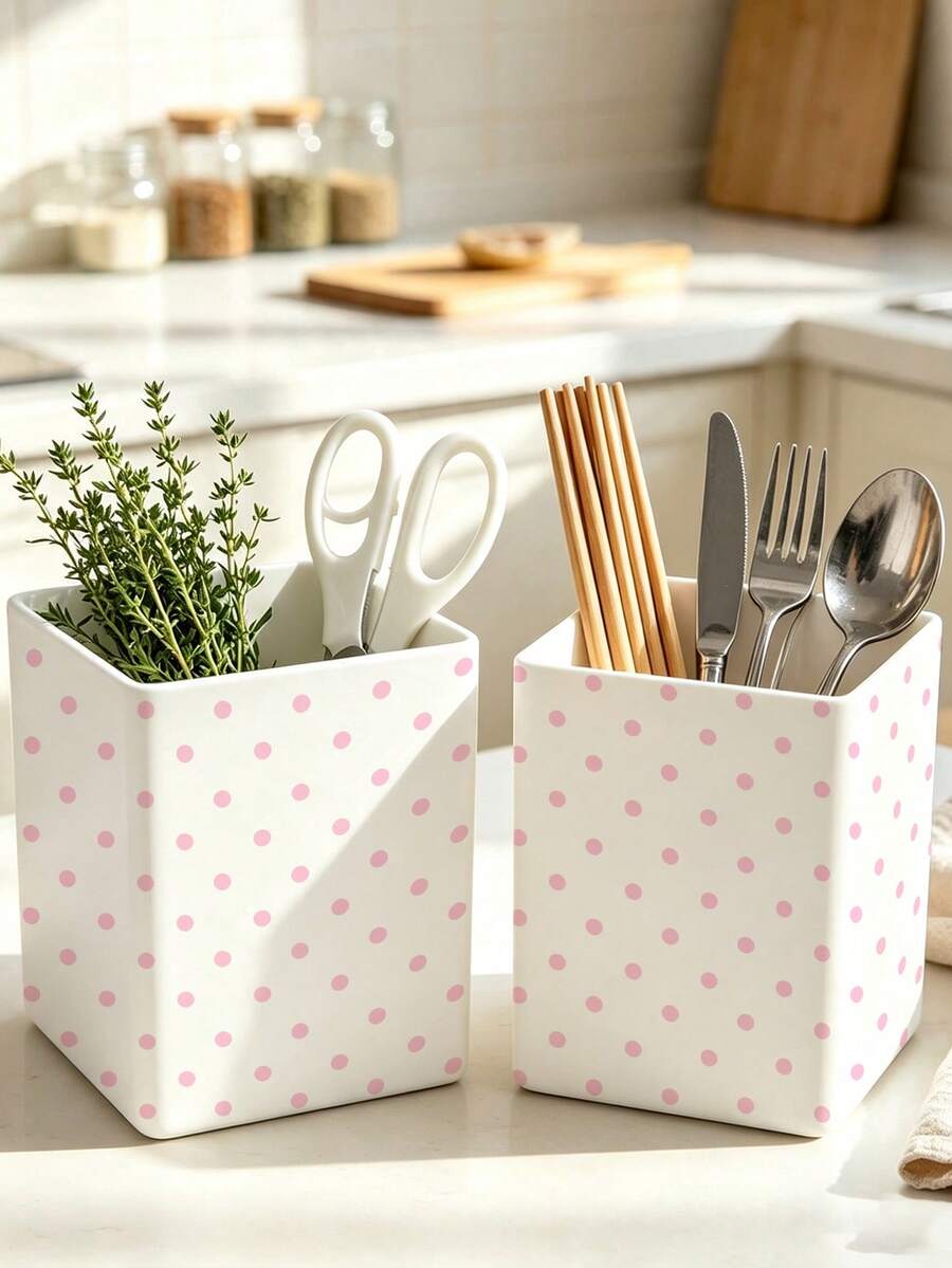 1pc New Pink Polka Dot Multi-Function Storage Organizer Box - Tableware Storage Box, Desktop Organizer Rack (Suitable For Storing Tableware, Straws, Tea Bags, Pens, Remote Controls); Compact And Space-Saving, Suitable For Kitchen, Office, Living Room - Multicolor - View 1