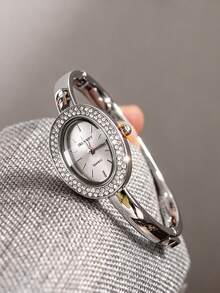 2pcs Fashion Luxury Rhinestone Oval Women's Bracelet Watch, Paired With LOVE Bracelet Set, Fixed Non-Adjustable Strap, Exquisite And Versatile, Suitable For Holidays, Parties, Weddings, Gatherings And Daily Wear, Best Gift For Women. - Silver - View 2