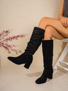 Fashionable Versatile Pointed Toe High Heel Slouchy Long Boots For Women, Autumn/Winter New Thick Heel Tall Boots Slimming Plus Size Riding Boots - Black - View 2