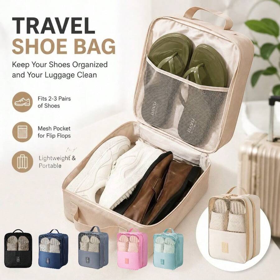 Waterproof Travel Shoe Storage Bag With Luggage Strap, Portable Transparent PVC Lined Shoe Cover, Suitable For Suitcase, Multi-Pocket Sports Shoe Storage Bag With Phone Pocket On Back And Mesh Design On Front