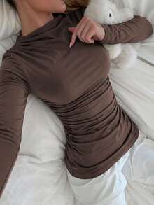 GLAMSKIN Women Fall Winter Asymmetric Off‑Shoulder Long Sleeve Top,Business Homecoming Going‑Out Wear Brown Casual - Brown - View 6