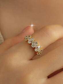 1 pieza Anillo versátil de trébol de cuatro hojas para mujer, anillo de compromiso creativo con circonita cúbica para uso diario, citas y regalo, joyería de cobre - Trébol de cuatro hojas - Ver 7