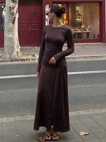Women's Autumn/Winter Fitted Long Sleeve Round Neck Ruched Layered Patchwork Split Hem Tie Waist Elegant Party Date Long Dress - Brown - View 4