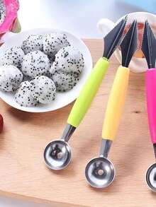 1pc Multi-Function Fruit Scoop, Suitable For Ice Cream, Baking, Fruit, Etc., Kitchen DIY Cold Plate Tool Function, Stainless Steel Fruit Carving Tool Kitchen Gadget, Fruit And Vegetable Preparation Tool, Random Color - Pink - View 8
