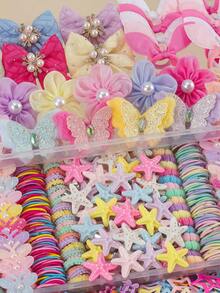 863pcs Shiny Plush Girls Hair Accessories Set, Including Sequin Butterfly Plush Hair Clips, Starfish/Bow/Flower Hair Clips, Star Snap Clips, Mini Claw Clips, Rabbit/Butterfly Hair Ties, Bamboo Joint Towel Ring Ruffled Elastic Hair Bands And TPU Rubber Bands, Suitable For Daily, Party, Travel Use - Multicolor - View 5