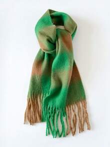 1PcWomen Fuzzy Mohair Texture Plaid Fringe Scarf, Oversized Color Block Check Winter Warm Neck Wrap Shawl - Coffee Green - View 4