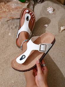 Women's Adjustable Buckle Flip Flops, Casual Summer Beach Toe Sandals, Outdoor Non-Slip Slippers - White - View 12