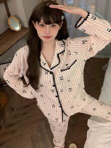 2pcs/Set Women's Pajamas Loungewear, Open Front Lapel Bow Print Minimalist Casual Long Sleeve Cropped Pants, Easy Care Fabric - Pink - View 4