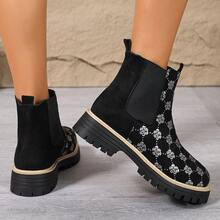 Sepatu Bot Wanita Model Ankle dengan Resleting Samping dan Tali, Sol Tebal, Ujung Bulat, Lubang Tali Logam, Warna Hitam, Sepatu Bot Kerja Motor Musim Gugur/Dingin - Hitam - View 4
