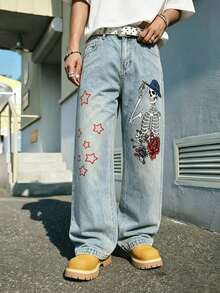 Streetwear Retro Fashion Versatile Distressed Studded Design Skull & Rose Print Loose Straight Wide Leg Casual Denim Jeans - Light Wash - View 2