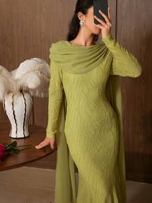 Elegant Women's Long Sleeve Round Neck Mermaid Dress, Asymmetric Ruffle Hem, Green Woven Fabric, Showcasing Charming Style - Olive Green - View 11