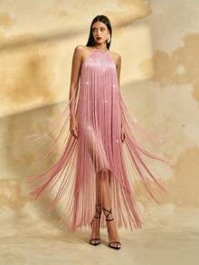Gaun Malam Maxi Elegan Mewah Musim Panas dan Gugur dengan Kerah Halter Dua Lapis, Rumbai Berkilau, Punggung Terbuka dan Tali Ikat untuk Pesta Gala Pernikahan serta Prom - Baby Pink - View 3