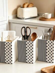1pc Striped & Polka Dot Patchwork Pattern Multi-Function Storage Organizer Box - Tableware Storage Box, Desktop Organizer (Suitable For Storing Tableware, Straws, Tea Bags, Pens, Remote Controls); Compact & Space-Saving, Suitable For Kitchen, Office, Living Room - Multicolor - View 2
