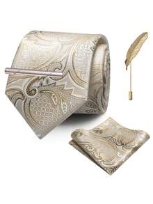 4‑Pcs Men Paisley Pattern Neck Tie Set, Jacquard Woven Necktie, Pocket Square, Tie Clip, Feather Lapel Pin For Wedding Business Formal Occasion - Multicolor - View 3