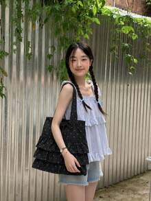 Tas Tote Polkadot, Tas Bahu Kapasitas Besar yang Lucu, Tas Wanita dengan Hiasan Ruffle, Tas Wanita dengan Tali Serut dan Pita, Tas Gaya Preppy, Cocok untuk Pekerja Kantoran dan Pelajar yang Berpergian - Hitam - View 4