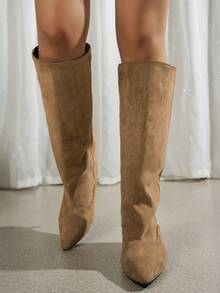 2026 Autumn/Winter Korean Minimalist Fashion Over-The-Knee Kitten Heel Boots, Elastic Suede Slim Fit Women's Casual Outdoor Riding Boots, Side Zipper Pointed Toe High Heel Style - Khaki - View 4