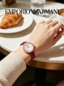 Armani Women's Rosa Series Quartz Watch Crystal Paved Bezel Mother‑Of‑Pearl Dial Wine‑Red Croc‑Embossed Leather Strap Ladies Watch AR11357 - Gold - View 4