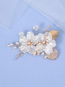 Faux Pearl & Flower Decor Bridal Alligator Hair Clip Boho Valentine's Day,Wedding Hair Accessories - Gold - View 7