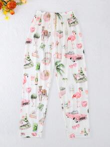 Plus Size 3-Piece Pajama Set For Women, Cool Short Sleeve, Plus Size Sleepwear Set, Plus Size Body, 3-Piece Set, Shorts And Long Pants, Lapel Button Short Sleeve, All Season Wear, Plus Size, Home Wear, Comfortable And Loose, Coconut Tree Tiger Flamingo Vacation Style Print - White - View 10