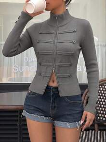 Vintage Fashion Stand Collar Multi-Button Decorated Zipper Ribbed Knit Women's Cardigan, Slim Fit Cropped Waist Long Sleeve, Fall Outfit For Women - Grey - View 2