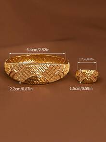 2pcs/Set Wedding Bride Fashion Handmade Carved Sequin Copper Coin Pattern Bracelet And Ring, 64mm Diameter, Openable, Suitable For Wedding Wear, Bring Wealth And Good Fortune, No Packaging - Gold - View 5