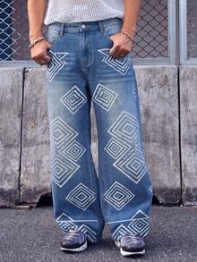 Men's Blue Geometric Pattern Loose Wide Leg Jeans - Blue - View 4