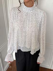 White Polka Dot Faux Collar Back Tie Bow Chiffon Blouse, Long Flared Sleeves, Pleated Layered Hem, Cropped, Summer - Black and White - View 5