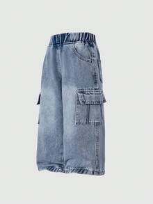 Straight Leg Casual Denim Jeans, Suitable For Toddlers, Street Style - Blue - View 4