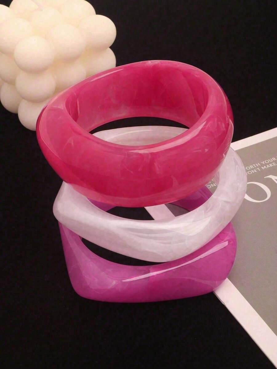 3pcs Set Vintage Exaggerated Thick Resin Bangle Set Women's Fashion Geometric Design Bracelets - Hot Pink - View 1