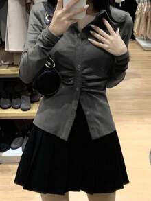 Hot Girl Street Style Ruched Petal Sleeve Blouse, Slimming Korean Fashion Chic Top For Women - Grey - View 2